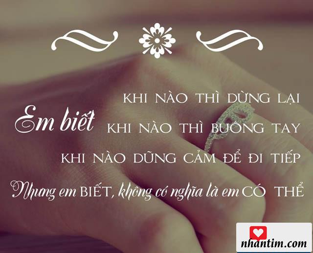 Em biết khi nào thì dừng lại, khi nào thì buông tay, khi nào dũng cảm để đi tiếp. Nhưng em biết khong có nghĩa là em có thể