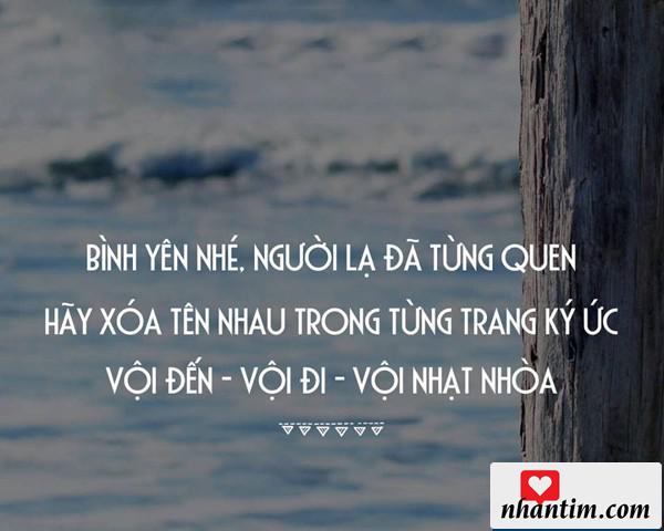 Bình yên nhé, người lạ đã từng quen. Hãy xóa tên nhau trong từng trang ký ức, vội đến, vội đi, vội nhạt nhòa.