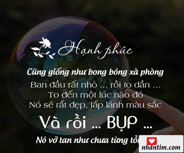 Hạnh phúc cũng giống như bong bóng xà phòng. Ban đầu rất nhỏ rồi to lên, to đến một lúc nào đó, nó sẽ rất đẹp, lấp lánh màu sắc. Và rồi “Bụp”, nó vỡ tan như chưa hề tồn tại