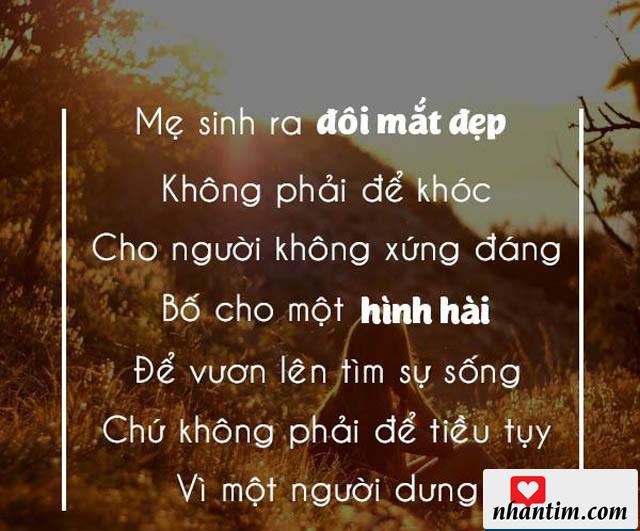 Mẹ sinh ra đôi mắt đẹp không phải để khóc. Bố cho một hình hài để vươn lên tìm sự sống, chứ không phải để tiều tụy vì một người dưng